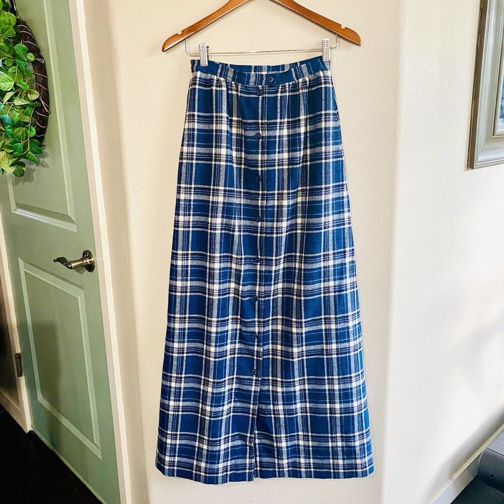 Vintage Pendleton Blue Wool Tartan High Waisted Maxi Skirt Size 8 Dark Academia